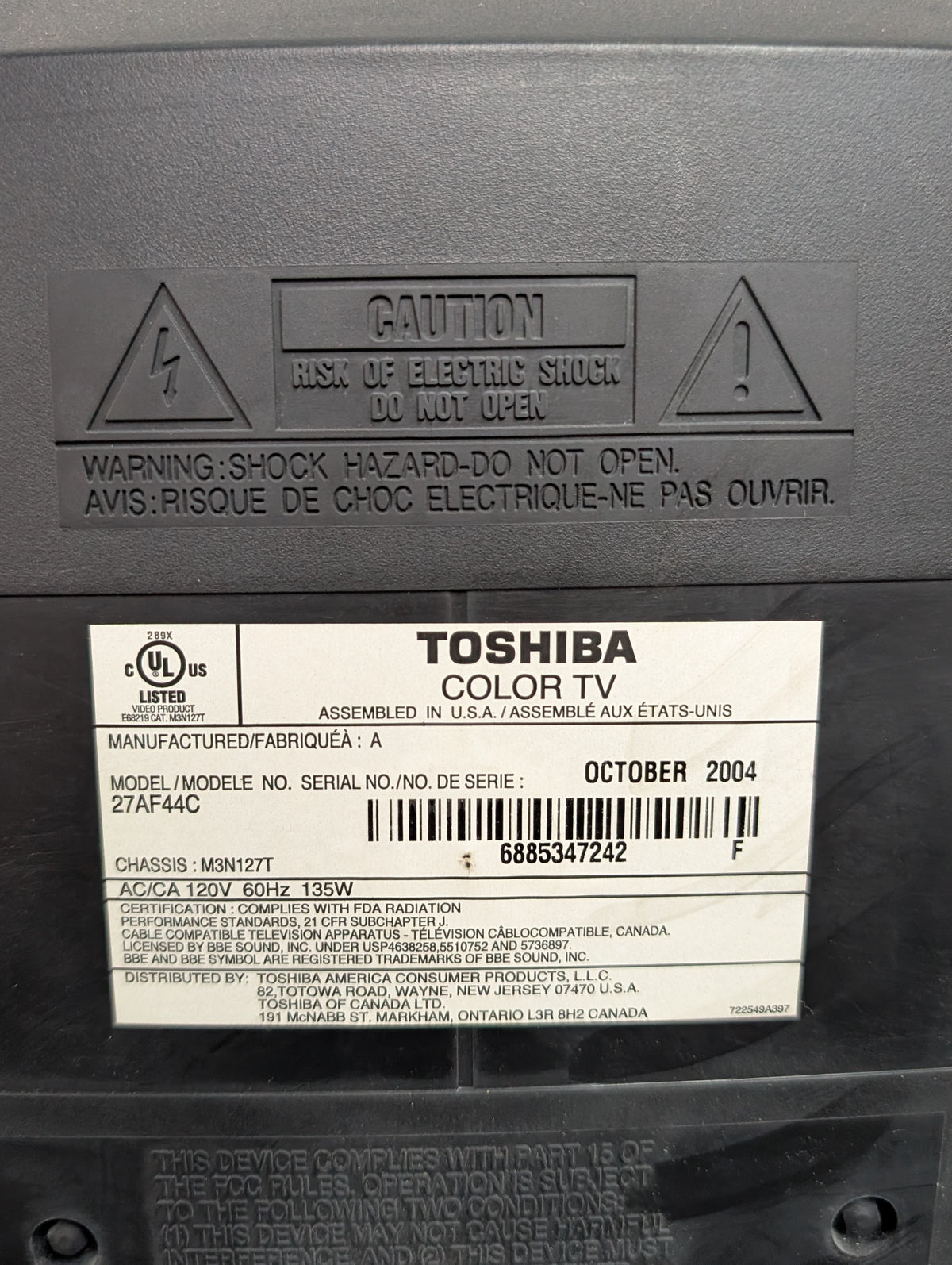 Télévision cathodique Toshiba 27"